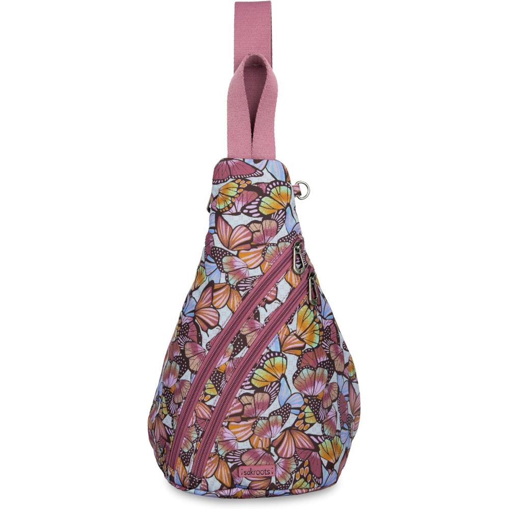 imageSakroots On The Go Sling Bag for Women in EcoTwill Large Convertible Crossbody Backpack With Main Zipper Closer Made From Recycled Materials Indigo Spirit DesertMulberry Butterfly Bloom