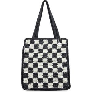 The Sak Ellen Insulated Tote in Crochet, Double Handle Straps, Black Check