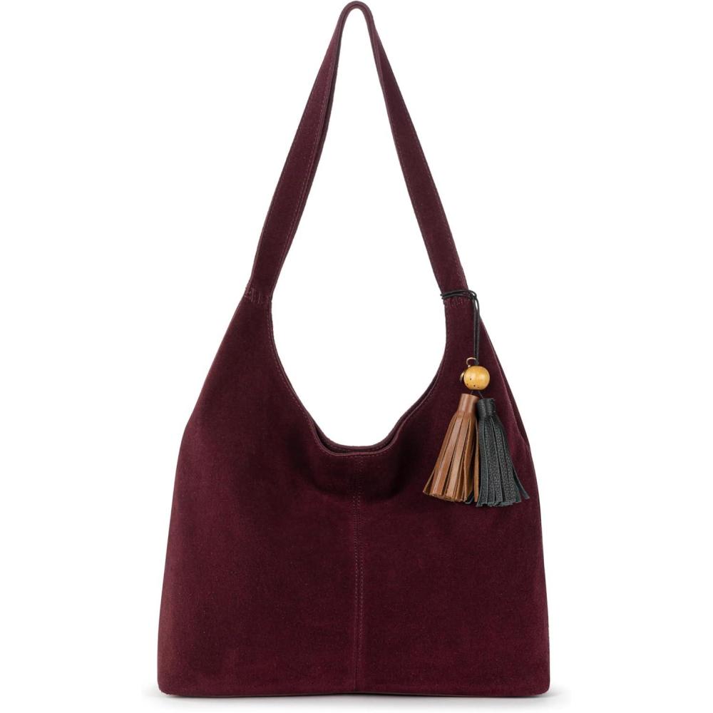 imageThe Sak Huntley Hobo Bag Premium Leather Womens Purse for Everyday amp Travel Large Handbag with Shoulder Bag StrapsBlack Cherry Suede